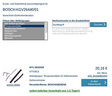 Screenshot eines Ersatzteil-Webshops für Bosch Kühlschränke