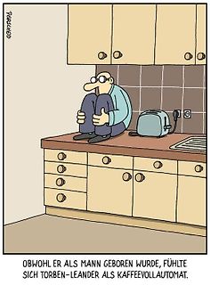 Comic von Mann auf Küchenzeile neben Toaster