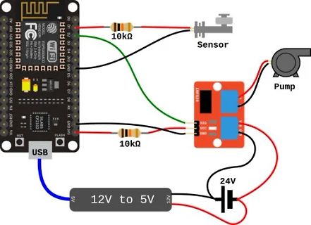 Schaltplan mit ESP8266, Sensor, Pumpe und Netzteil