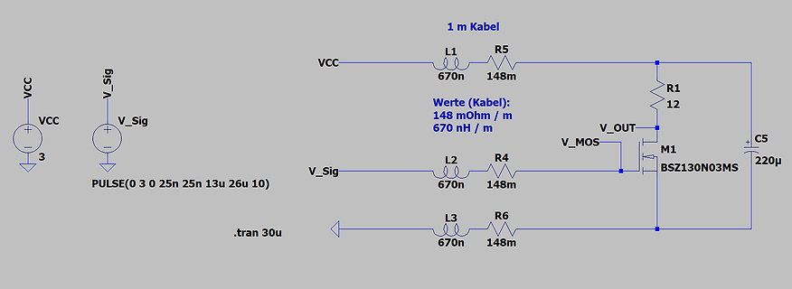 Schaltplan einer Simulation mit MOSFET und Kabelparametern