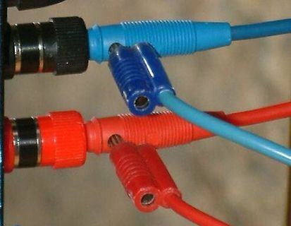BNC-Stecker und Kabel in Blau und Rot
