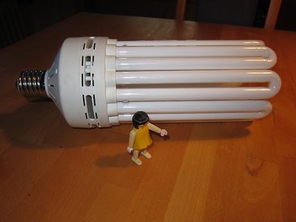 Kompaktleuchtstofflampe und kleine Spielfigur auf Holztisch