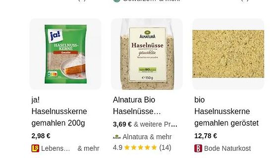 Online-Shop Suchergebnisse für gemahlene Haselnüsse
