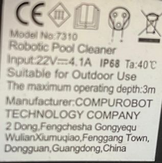 Typenschild eines Roboter-Poolreinigers