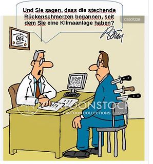 Comic von Arzt und Patient mit Messern im Rücken