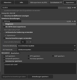 Export-Einstellungen in einer Bildbearbeitungssoftware