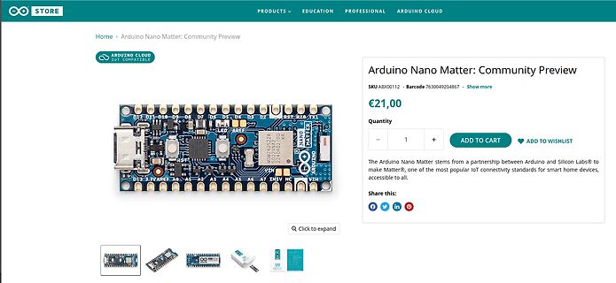 Webseite des Arduino Nano Matter Community Preview