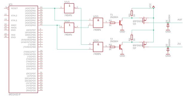 Schaltplan mit ATmega32-P und Logikgattern