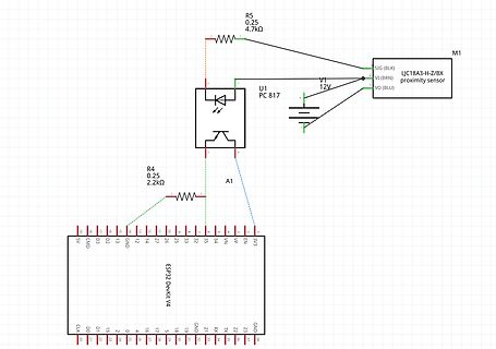 Schaltplan mit ESP32, Optokoppler und Näherungssensor