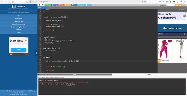 Screenshot eines Online-C-Compilers mit Fehlermeldung