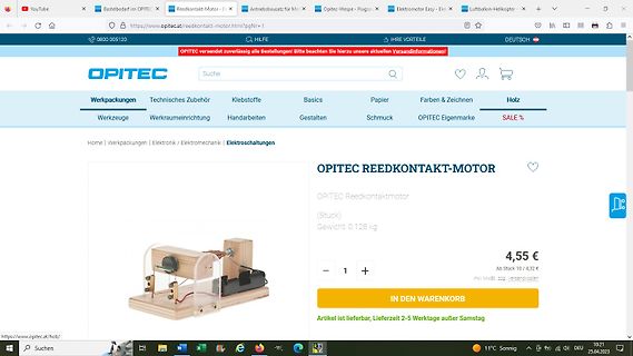 Webseite eines Onlineshops für einen Reedkontakt-Motor