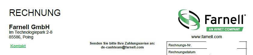 Ausschnitt einer Rechnung von Farnell GmbH