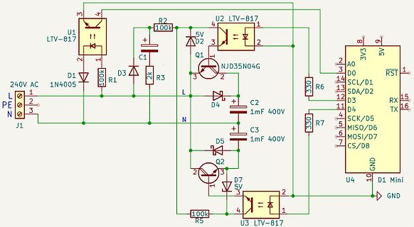 Schaltplan eines optokoppler-getriebenen Netzteils mit Mikrocontroller-Anbindung