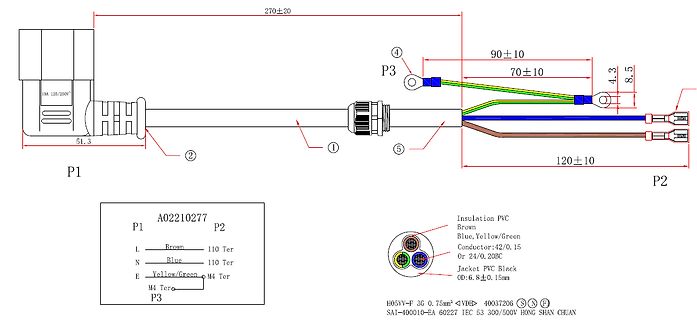 Technische Zeichnung eines Netzkabels mit Abmessungen