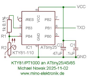 Schaltplan ATtiny25 mit PT1000 Widerstand
