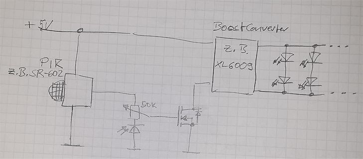 Handgezeichneter Schaltplan mit PIR-Sensor und Boost-Converter