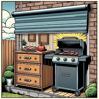 Illustration eines Grills und einer Kommode im Freien