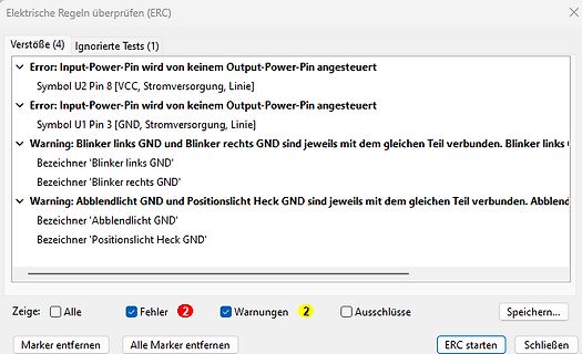 Fehlermeldungen einer ERC-Prüfung in einer Software