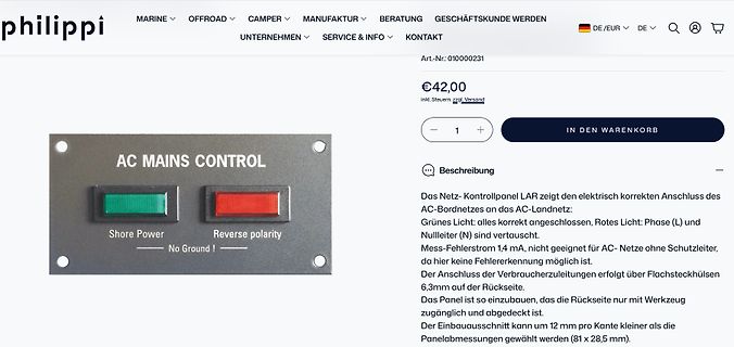 Webshop-Produktseite eines AC-Mains-Control Panels