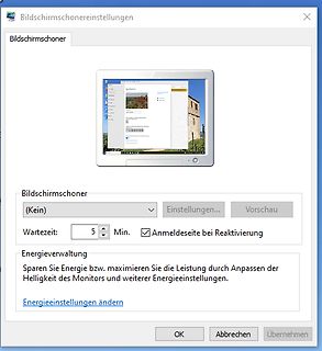Windows Bildschirmschonereinstellungen Dialogfenster