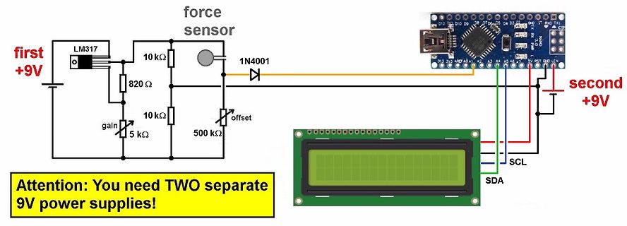 Schaltplan einer Sensor-Ausleseschaltung mit Arduino und LCD