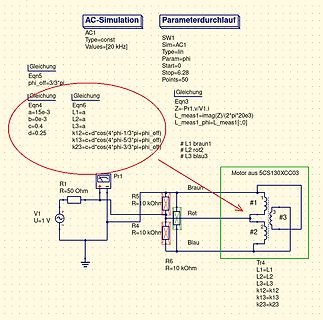 Schaltplan und Simulationsparameter eines Motors