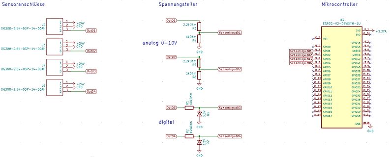 Schaltplan für Sensoranschlüsse und Mikrocontroller