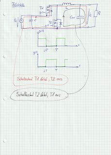 Handgezeichneter Schaltplan eines DC-DC-Wandlers mit Zeitdiagrammen