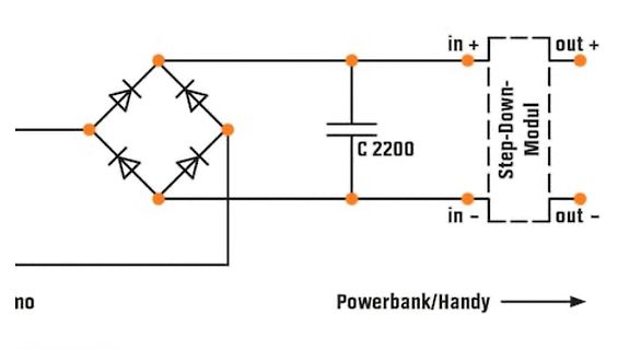 Schaltplan eines Gleichrichters mit Step-Down-Modul