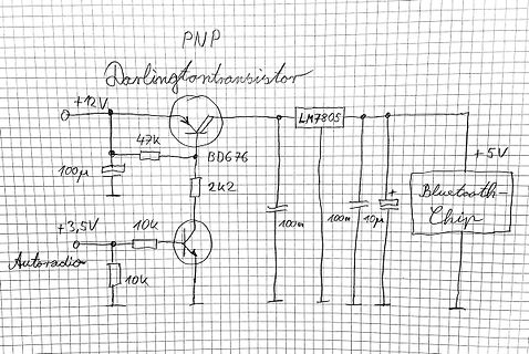 Handgezeichneter Schaltplan mit Darlington-Transistor und Spannungsregler