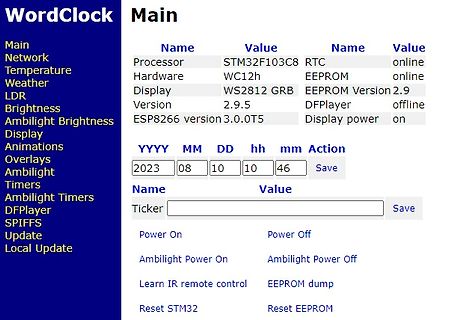 Webinterface einer WordClock mit Systemstatus und Einstellungen