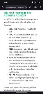 Textbeschreibung der Ein- und Ausgänge des ADS1115 / ADS1015