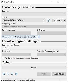 Screenshot des Rufus-Programms zur USB-Erstellung
