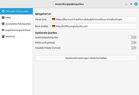Software-Fenster der Anwendungspaketquellen in Linux Mint