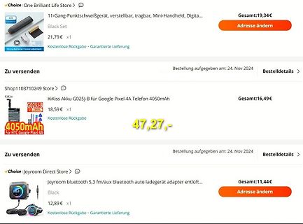 Screenshot von Bestellungen in einem Online-Shop