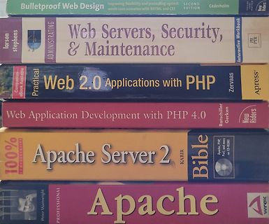 Stapel technischer Fachbücher über Webentwicklung und Server