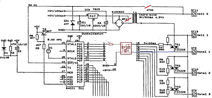 Schaltplan mit Mikrocontroller 84C21 und Netzteil