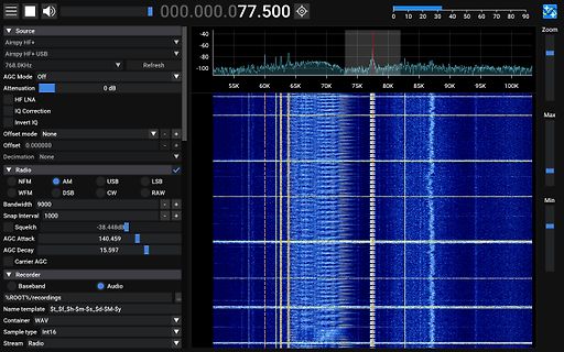 Software-Oberfläche eines SDR-Empfängers mit Wasserfall-Diagramm