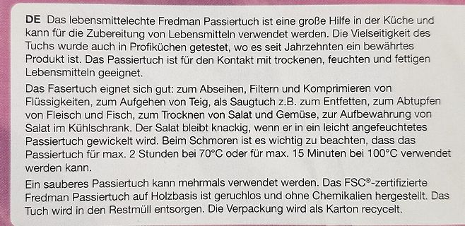 Produkttesttext für ein Passiertuch