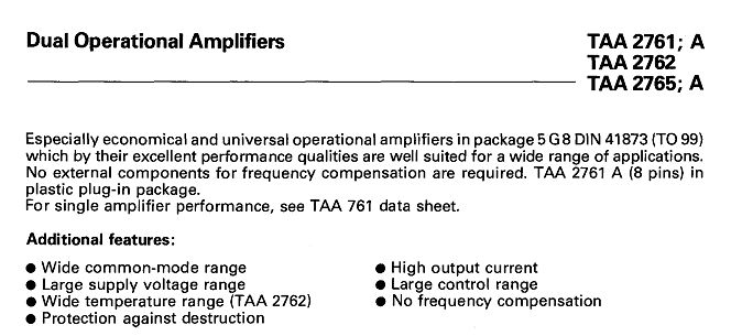 Datenblattabschnitt Dual Operational Amplifiers TAA 2761, 2762, 2765
