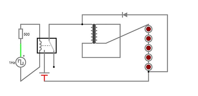 Schaltplan eines Transformators mit Gleichrichter und LED-Reihe