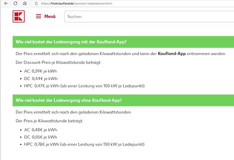 Preise für Ladevorgänge bei Kaufland