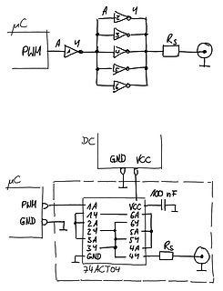 Handgezeichnete Schaltpläne eines Inverters mit 74ACT04