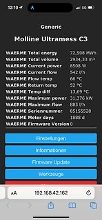 Screenshot einer Web-Oberfläche mit Messwerten eines Wärmemessers