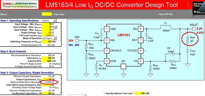 Design-Tool für LM5163/4 DC/DC-Wandler mit Schaltplan