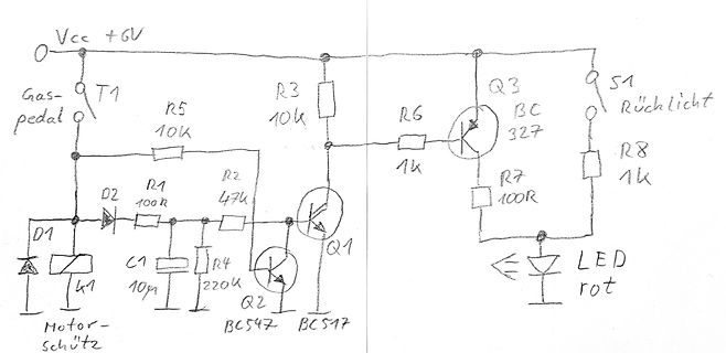 Handgezeichneter Schaltplan mit Transistoren und LEDs