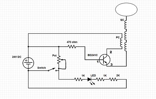 Schaltplan einer Transistorschaltung mit LED und Spule