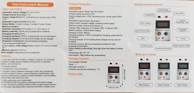 Produktdatenblatt eines elektronischen Testgeräts