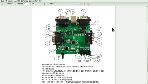 Leiterplatte mit USB-zu-RS232-Chip und Beschriftung
