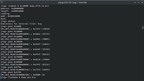 Terminal-Ausgabe eines JTAG-Debuggers